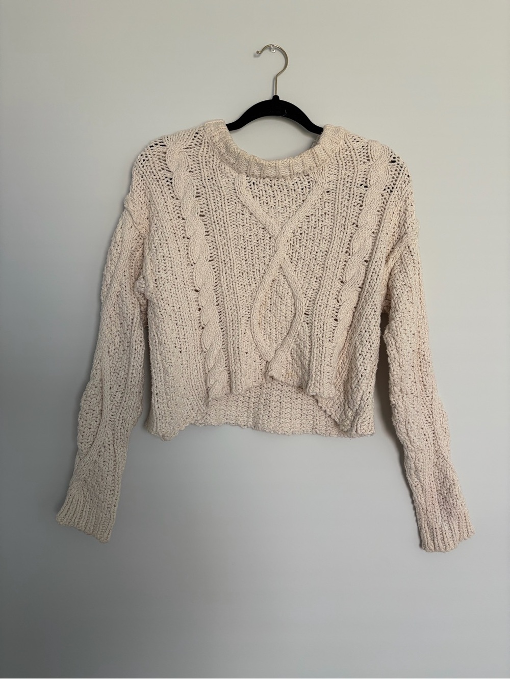 Free People Cream 100% Cotton Cable Knit Cropped Sweater Chunky Boho Small